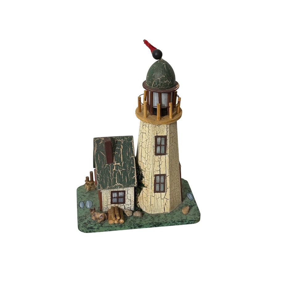 Unbranded Wooden Lighthouse Figurine Unisex OS Green Rustic Nautical Folk Art
